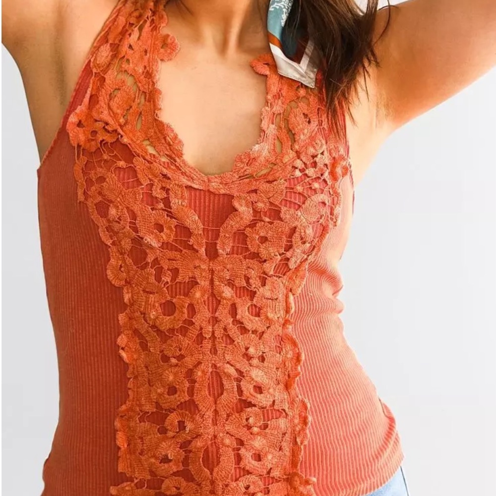 Crochet Trim Faded Rose Washed Tank Top